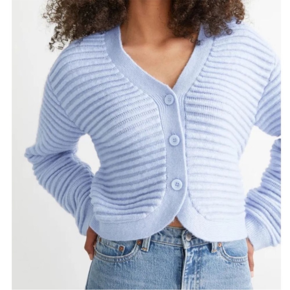 & Other Stories Cropped Wool Knit Cardigan Size XS Blue Button Closure